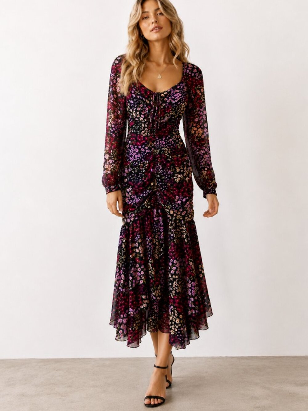 ASTR The Label Athena Ruched Floral Midi Dress Long Puff Sleeve Black Pink S EUC